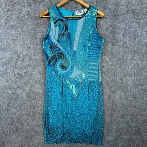 Vintage Nite Line Party Dress Womens 8 Teal Blue Silk Beaded Sequin Formal Artsy